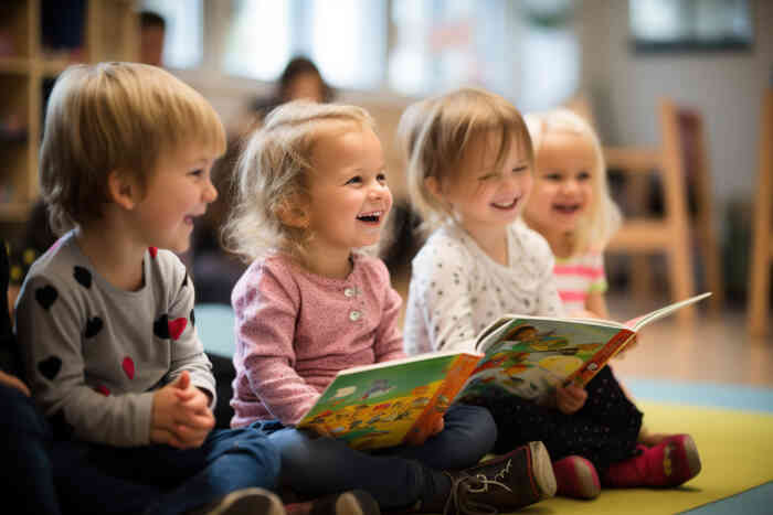 Four toddlers sit on a colorful mat, happily reading a book together, in a child care setting. They are smiling and engaged, dressed in casual children's clothing, illuminated with soft lighting.